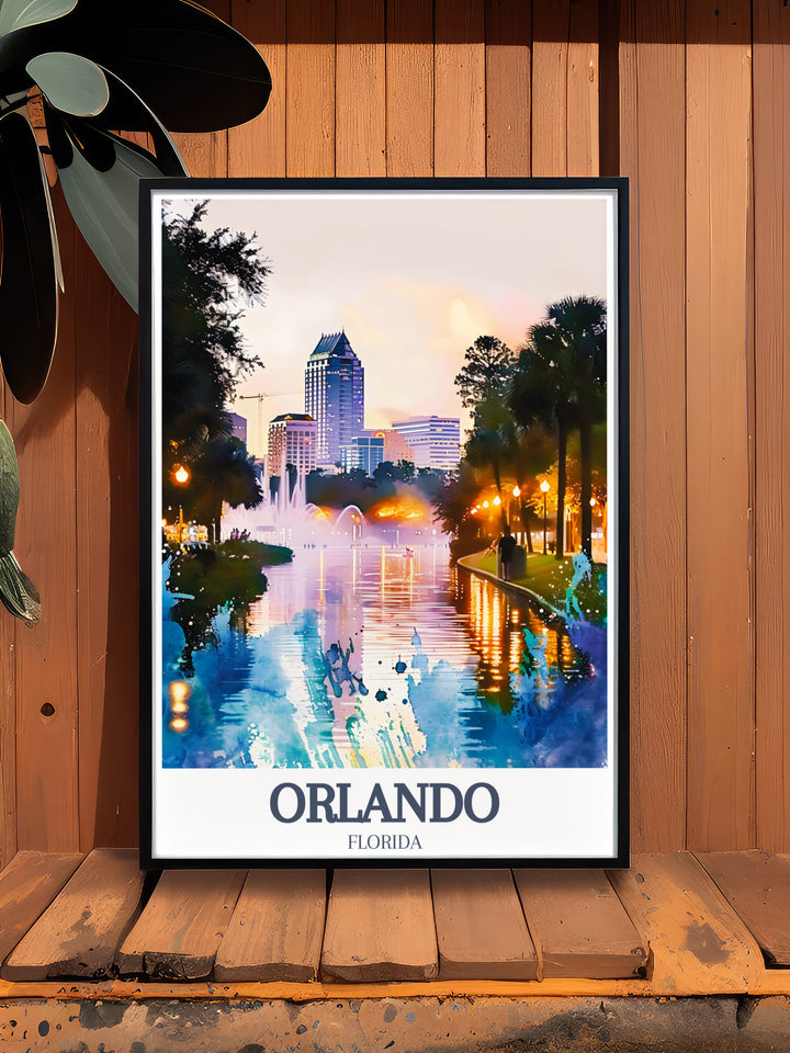 Orlando travel print showcasing the beauty of Lake Eola Park and the unique charm of Thornton Park District. This sleek and stylish poster captures the best of both landmarks, making it a wonderful addition to any art collection or as a personalized gift for Florida fans.