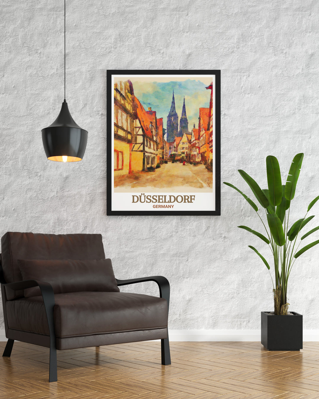 This Düsseldorf travel poster captures the intricate details of the citys historic Altstadt, blending modern design with vintage flair for an artistic touch.