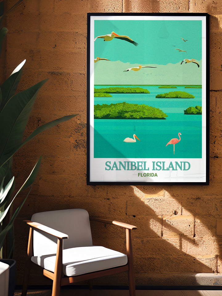 Captivating poster print of J.N. Ding Darling National Wildlife Refuge located on Sanibel Island, Florida, showcasing a vibrant and serene landscape filled with lush mangroves, diverse bird species, and tranquil waters. Perfect for adding a touch of Floridas natural beauty to your home decor, this print brings the essence of the refuges pristine environment to life, making it an ideal piece for nature lovers and coastal enthusiasts.