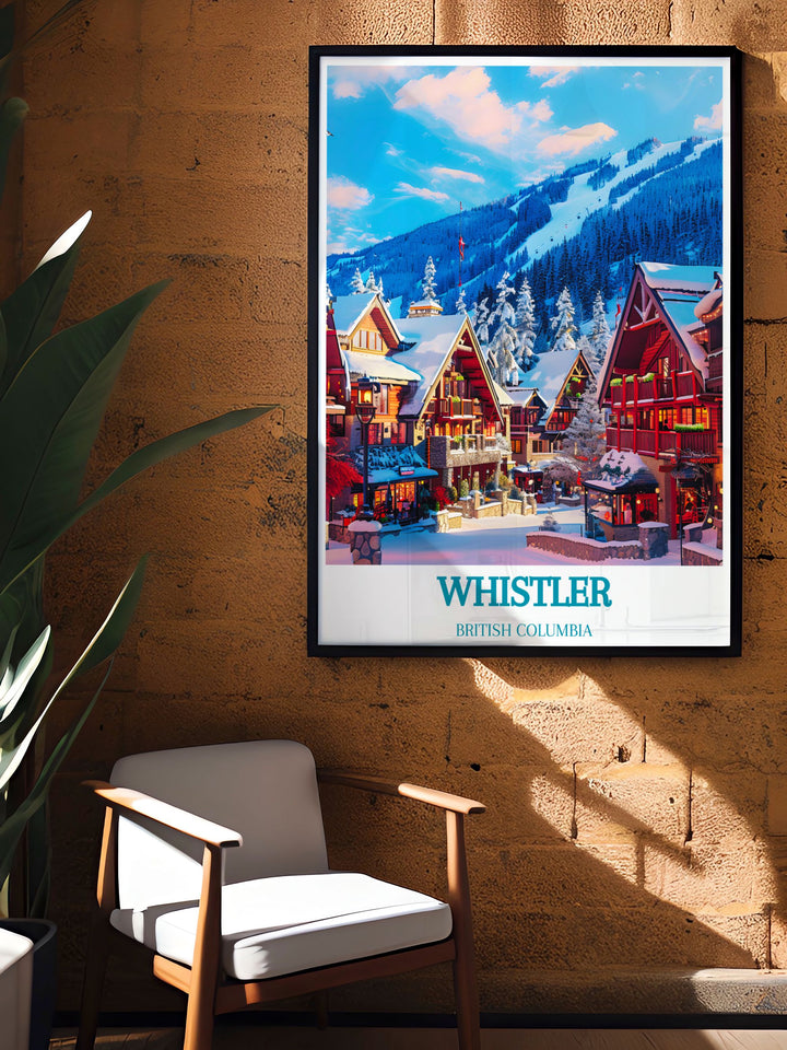 Celebrate the charm of Whistler Village with this vintage poster. Featuring the villages lively atmosphere and stunning mountain views, this artwork evokes the timeless appeal of British Columbias iconic alpine destination.