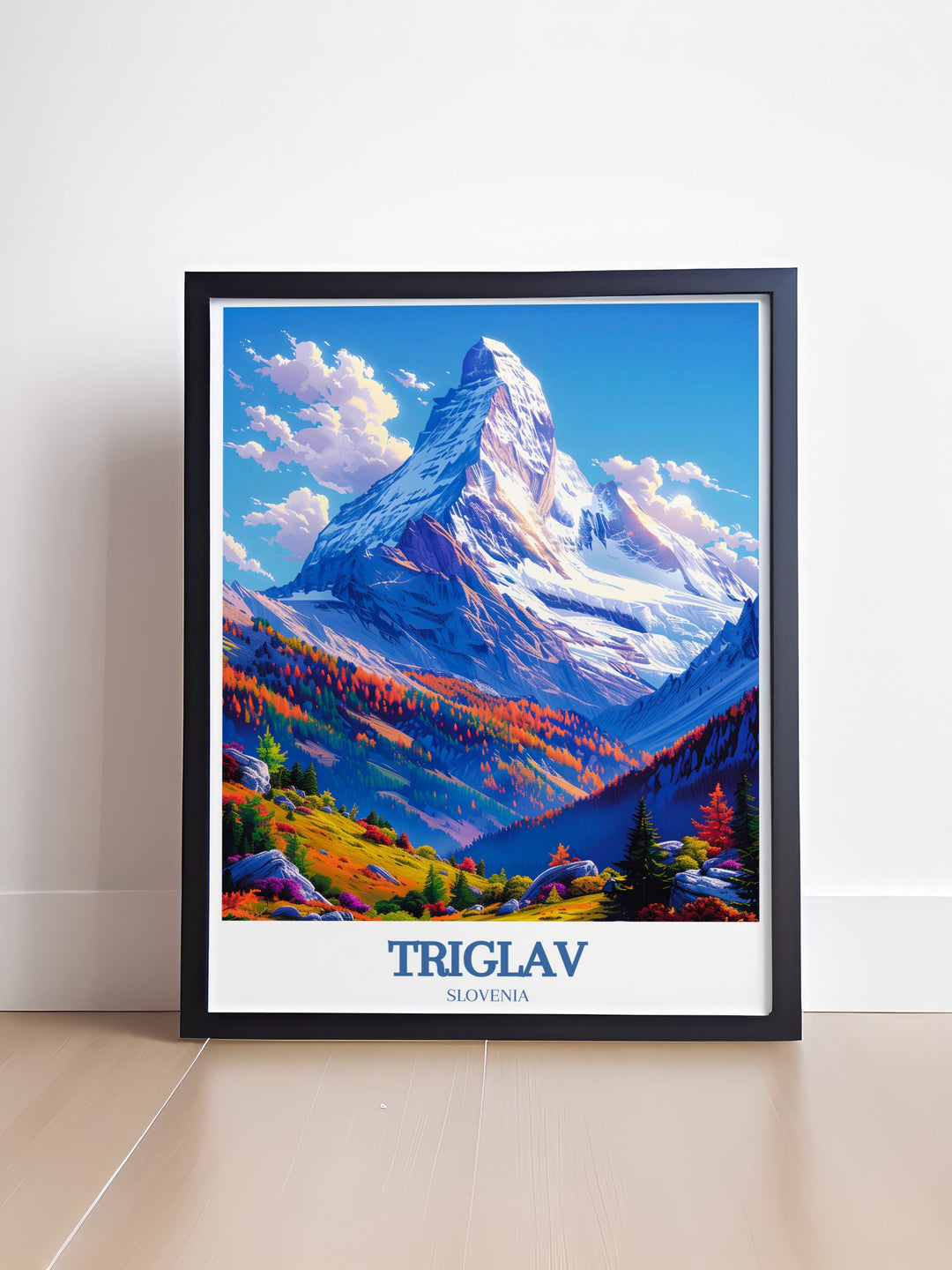 Elegant Triglav Peak wall art capturing the rugged beauty of Mount Triglav in Slovenia with its towering peaks and lush valleys a must have for any home decor that seeks to evoke the tranquility and majesty of the Julian Alps.