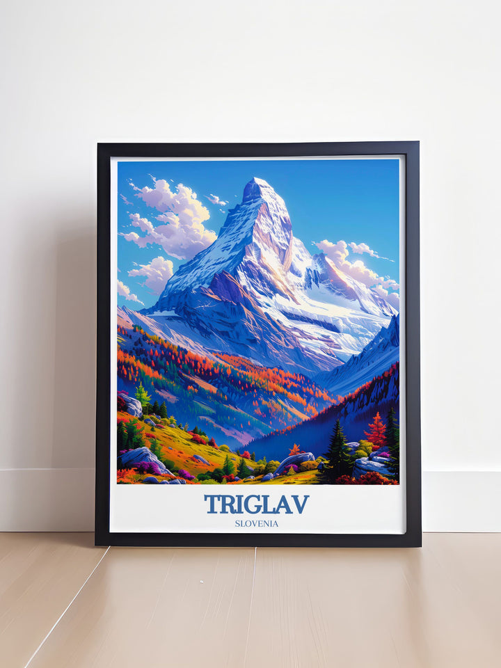 Elegant Triglav Peak wall art capturing the rugged beauty of Mount Triglav in Slovenia with its towering peaks and lush valleys a must have for any home decor that seeks to evoke the tranquility and majesty of the Julian Alps.