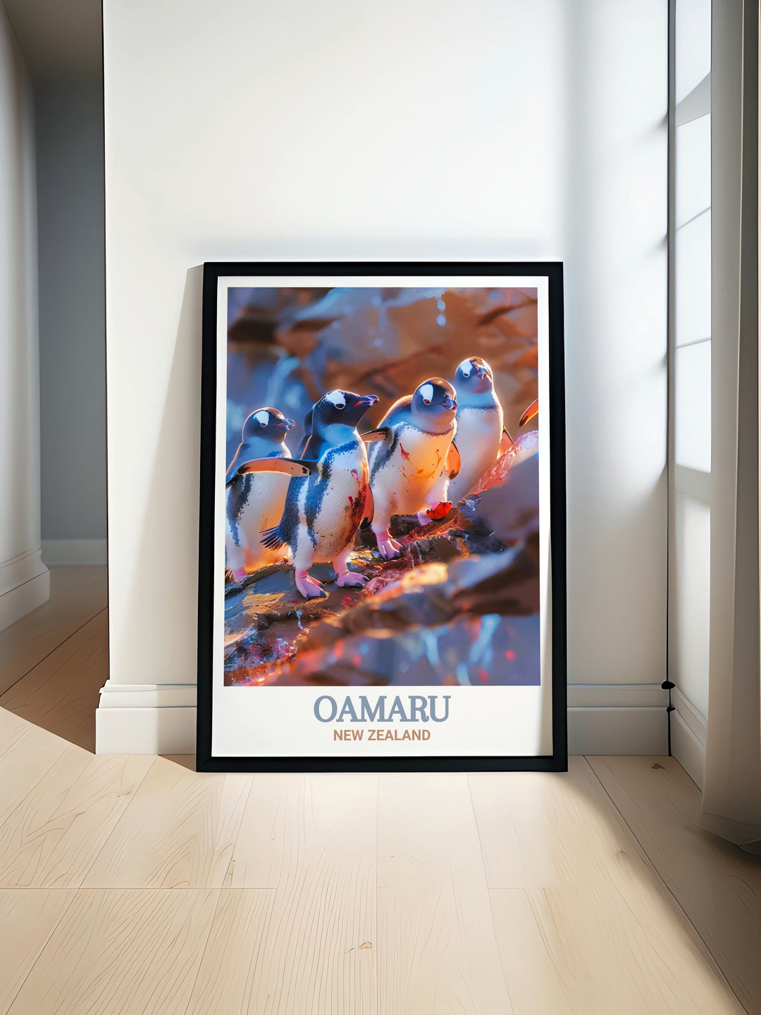 Blue Penguin Travel Print showcasing the captivating environment of Oamarus Blue Penguin Colony. The artwork highlights the natural beauty and vibrant life along New Zealands South Island coast, making it an ideal choice for nature lovers.