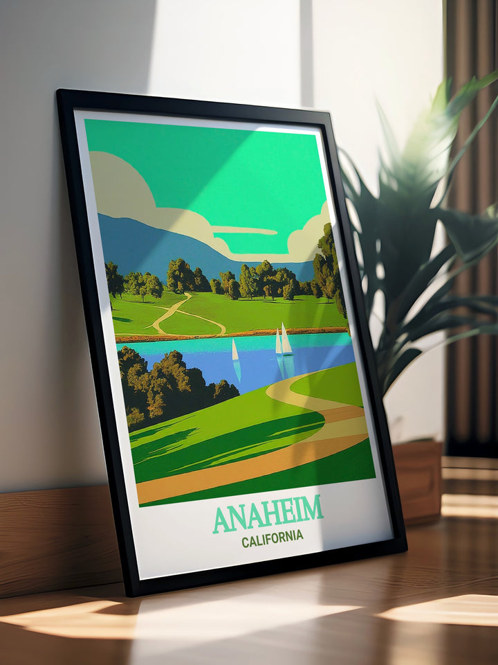 a framed poster of a scenic view of a lake