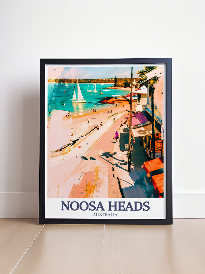 Noosa Heads Wall Art showcasing the tranquil beauty of Laguna Bay, with a detailed map of Hastings Street. This print is perfect for bringing a touch of Australias famous Sunshine Coast into your living space, offering a beautiful blend of nature and modern urban life.