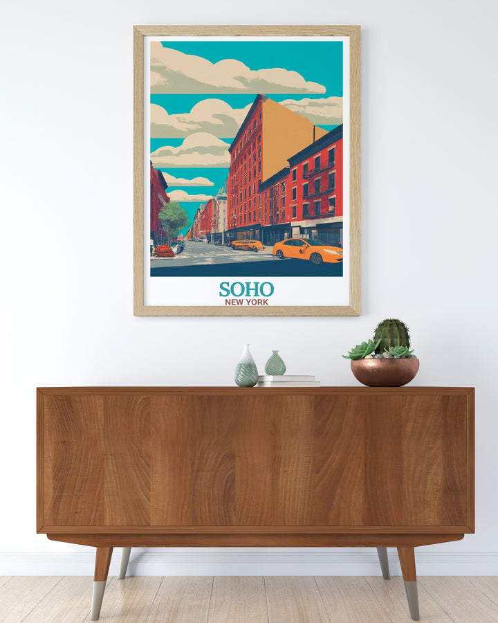 This vibrant poster of Sohos Spring Street and the iconic Palladium Theatre showcases the stunning architectural details of Londons West End. The artwork offers a nostalgic yet modern look at two of Londons most famous landmarks, perfect for adding elegance to your home or office décor.