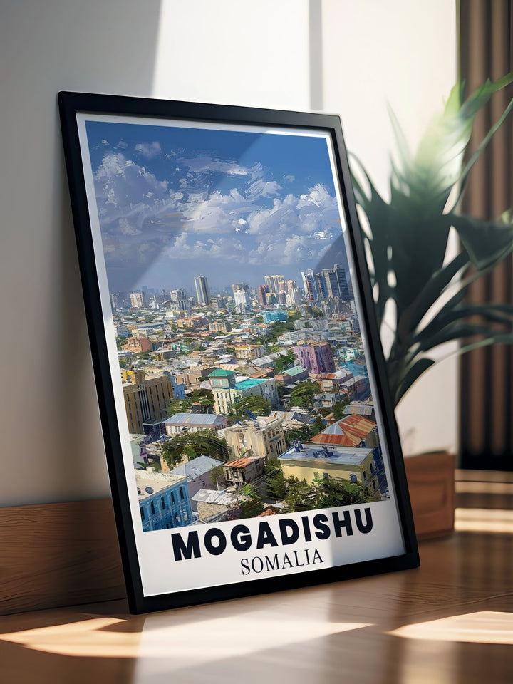 This vintage inspired poster of Mogadishu captures the essence of its rich cultural heritage and historic landmarks, offering a glimpse into one of Africas most fascinating cities.