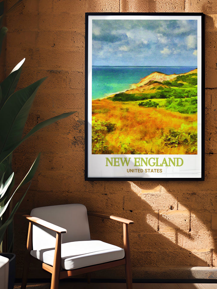 Marthas Vineyard artwork highlighting the iconic coastal beauty of this beloved destination along with the New England Trail. This hiking poster print makes a great addition to any wall and is a wonderful gift for nature enthusiasts.