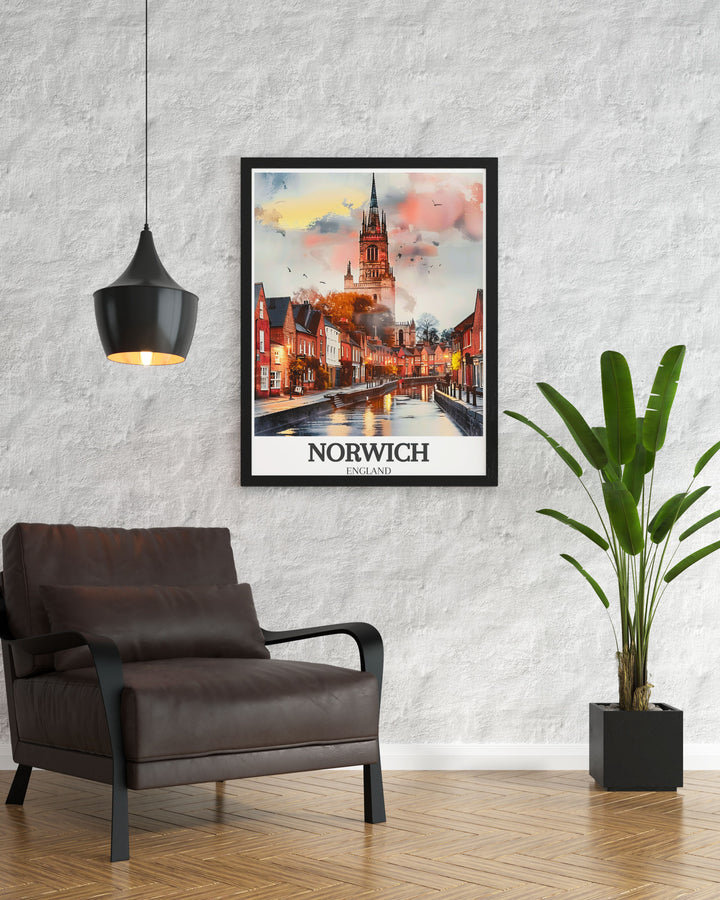 Blakeney Norfolk digital print showcasing the picturesque Blakeney Harbour and the Norfolk Coast Path with beautiful illustrations of the River Wensum Tudor buildings and The Norwich Cathedral ideal for modern living room decor.