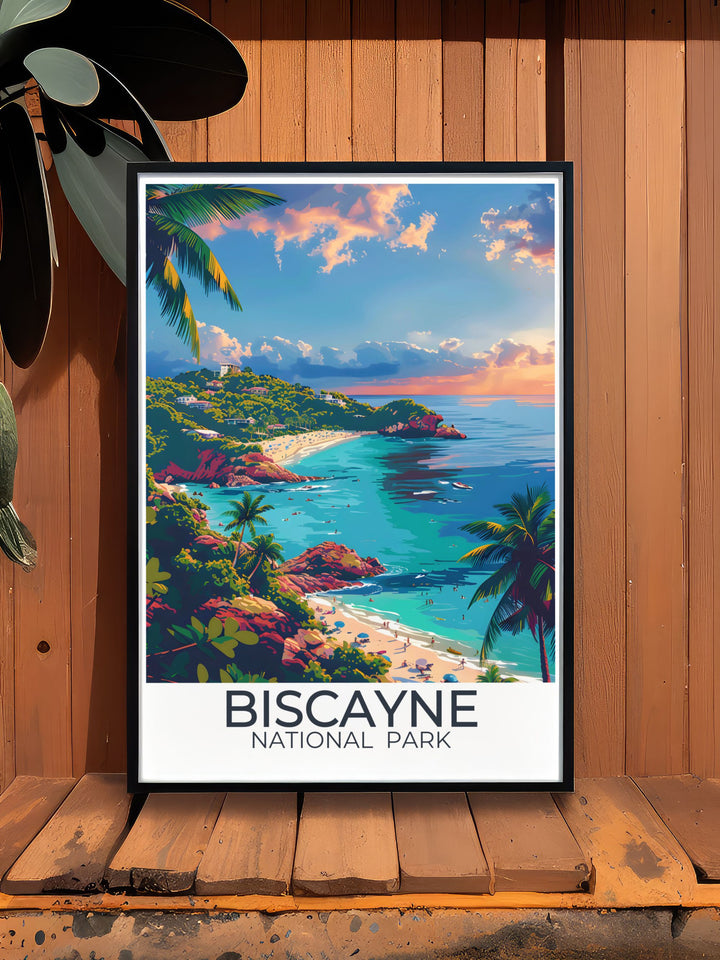 Stunning Biscayne National Park print highlighting the lush landscapes of Elliot Key Trail and the colorful coral reefs, ideal for nature enthusiasts and travel art lovers.