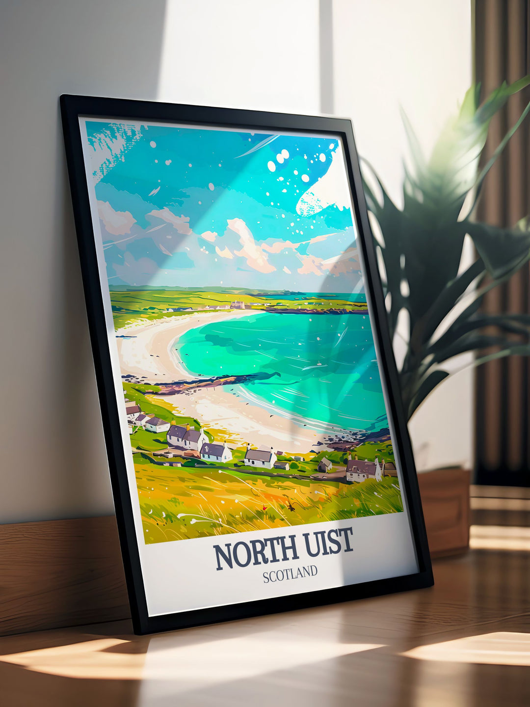 A captivating North Uist art print that brings the majestic scenery of Eaval Mountain and the quiet shores of Sollas Beach into your home. Ideal for lovers of Scottish travel art, this framed art makes a thoughtful gift for anyone who adores Scotlands landscapes.