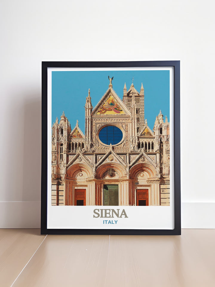 Siena Cathedral takes center stage in this stunning black and white city print. The fine line detailing captures the architectural beauty of Siena making this artwork a sophisticated addition to your living room decor or a thoughtful gift for any occasion.