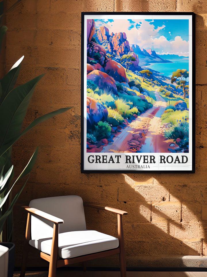 Freycinet National Park travel poster capturing the serene beaches and natural beauty of one of Australias most iconic national parks. With vivid colors and a calming design, this travel print is a perfect addition to your home décor.