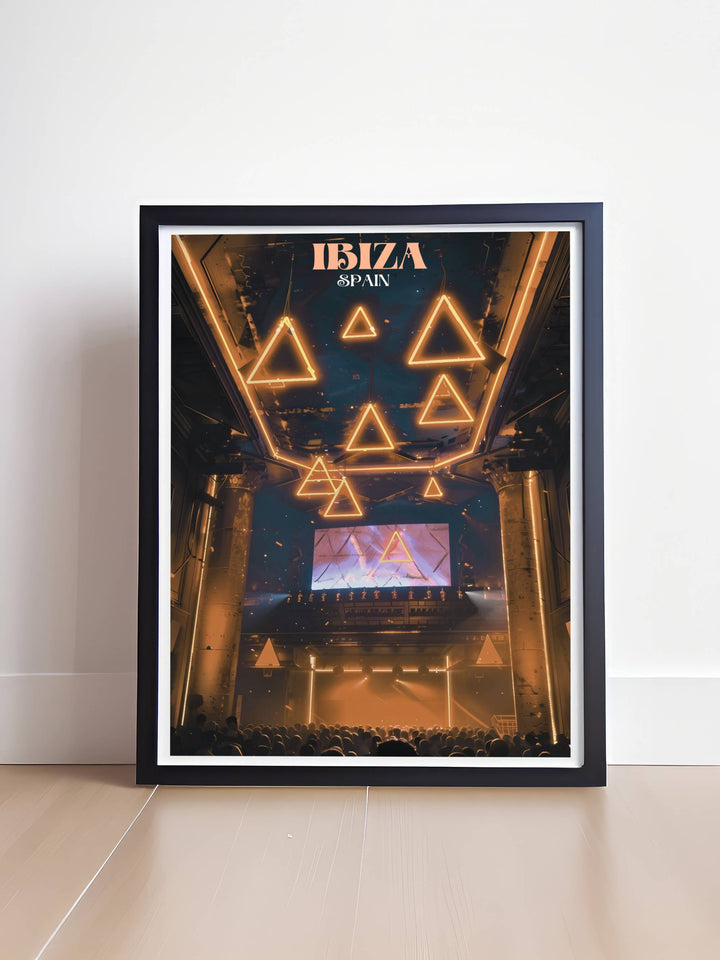 Ibiza travel poster highlighting the dynamic atmosphere of Amnesia NightClub and Ocean Beach Club ideal for those who love beach party Ibiza vibes and want a framed print to commemorate their travels