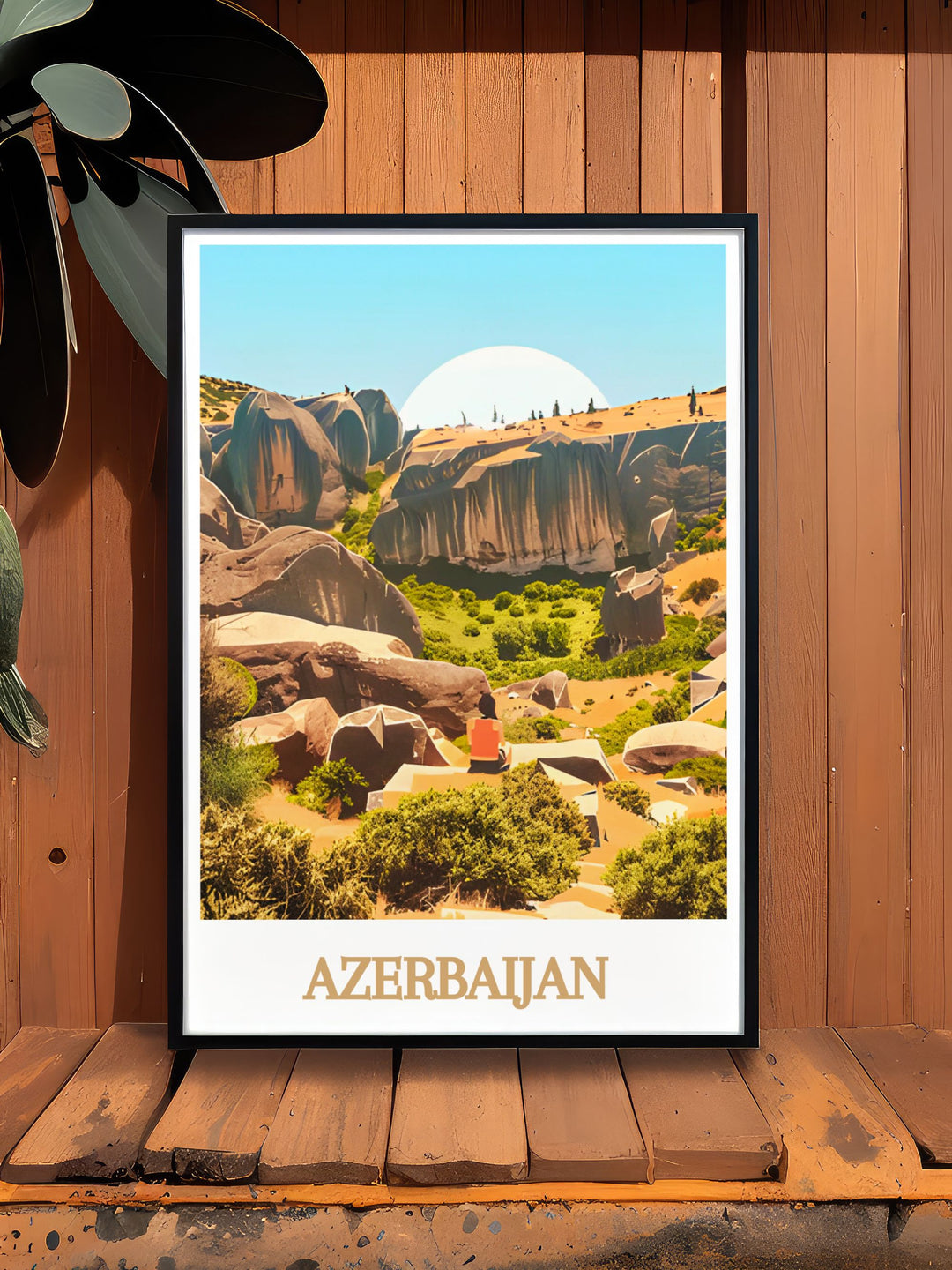 Elegant Gobustan National Park artwork depicting the rich history and natural beauty of Azerbaijan perfect for modern home decor or as a unique gift option this travel poster print showcases detailed carvings and stunning scenery ideal for any art lover or traveler