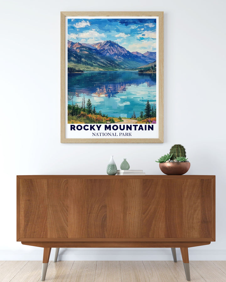 USA travel poster of Bear Lake in Rocky Mountain National Park depicting the picturesque scenery of the Colorado Rockies perfect for decorating your home or office with a touch of nature