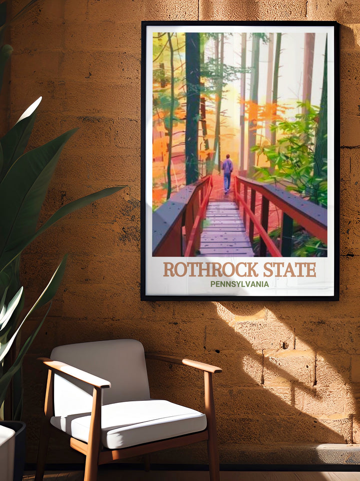 Pennsylvanias Rothrock State Forest and the Alan Seeger Natural Area captured in stunning detail in this travel poster. Ideal for anyone who loves hiking, nature, or Pennsylvanias forests, this framed art is a timeless piece for any space.