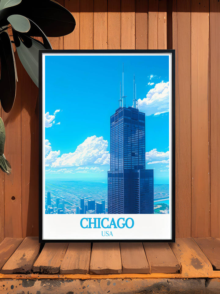 The Willis Tower Formerly Sears Tower vintage travel print highlighting the architectural brilliance of Chicagos iconic landmark. Perfect for those who appreciate the citys skyline and want to bring a piece of Chicago into their home.