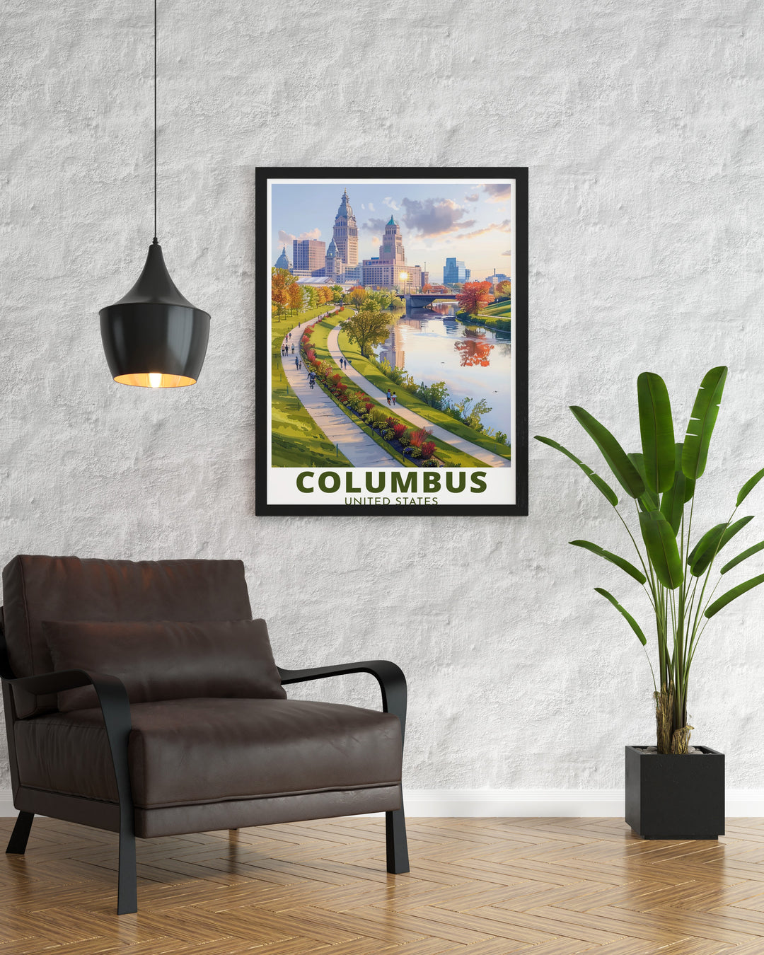 Ohio travel poster with the Scioto Mile and downtown Columbus cityscape. This Columbus decor print adds a modern touch to your home with a blend of vintage and minimalist design making it a great personalized gift for any occasion.