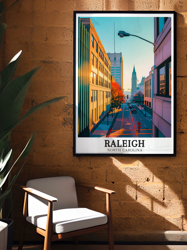 High quality Raleigh travel print capturing the vibrant energy of Downtown Raleigh and the historic charm of Durham. This artwork offers a detailed depiction of North Carolinas iconic cities, making it an ideal addition to any wall decor collection