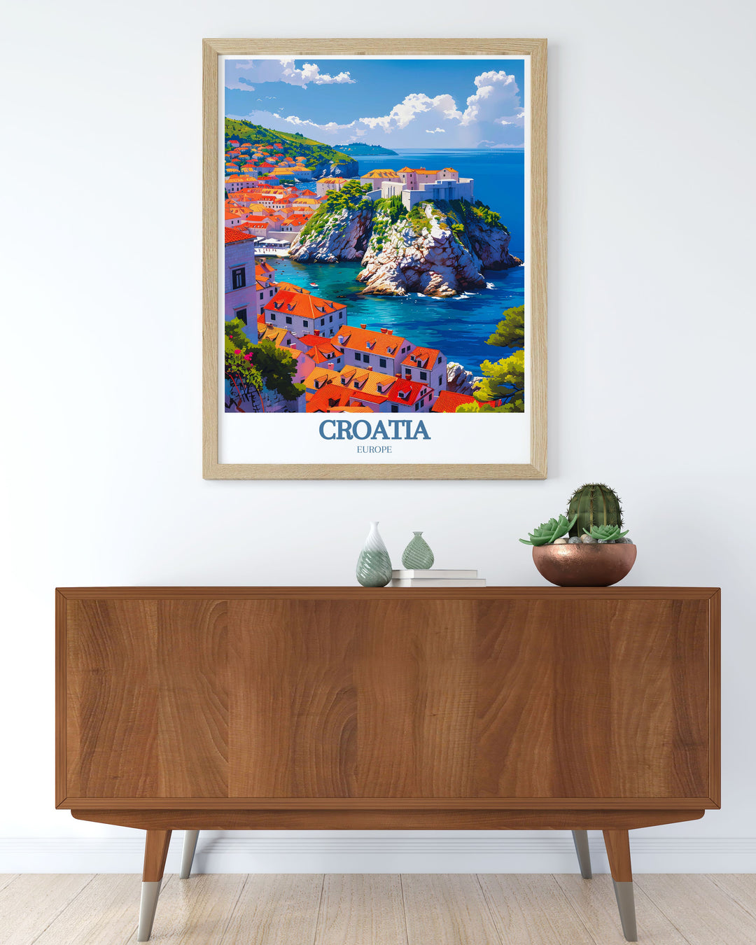 Highlighting the scenic vistas of Dubrovnik Old Town and the vibrant life of the Adriatic Sea, this travel poster is perfect for those who appreciate the scenic and cultural richness of Croatia.