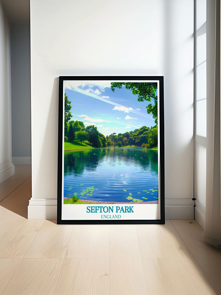 Retro travel poster featuring Liverpools iconic Liver Building and the serene Sefton Park Lake. This vintage artwork captures the essence of the city and its natural beauty, making it a perfect addition to your home decor or as a thoughtful gift for travelers.