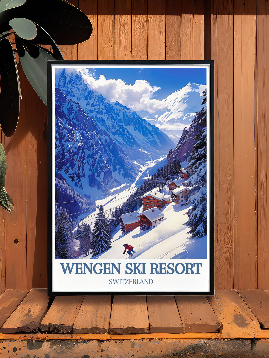 Timeless framed art showcasing the elegance of Switzerlands Wengen Ski Resort. The vibrant colors and intricate details of this piece highlight the resorts unique blend of tranquility and adventure, making it a perfect addition to any art collection.