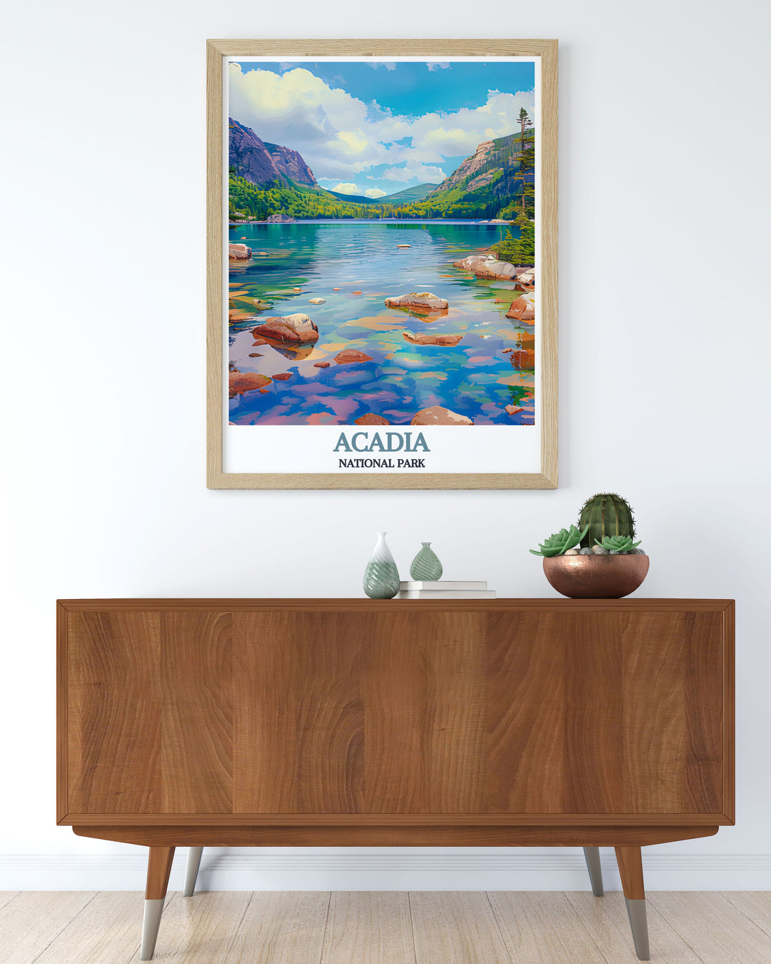 Captivating Acadia National Park print featuring the iconic Jordan Pond this artwork brings a touch of wilderness to your living space perfect for anyone who appreciates national park prints and retro travel art.