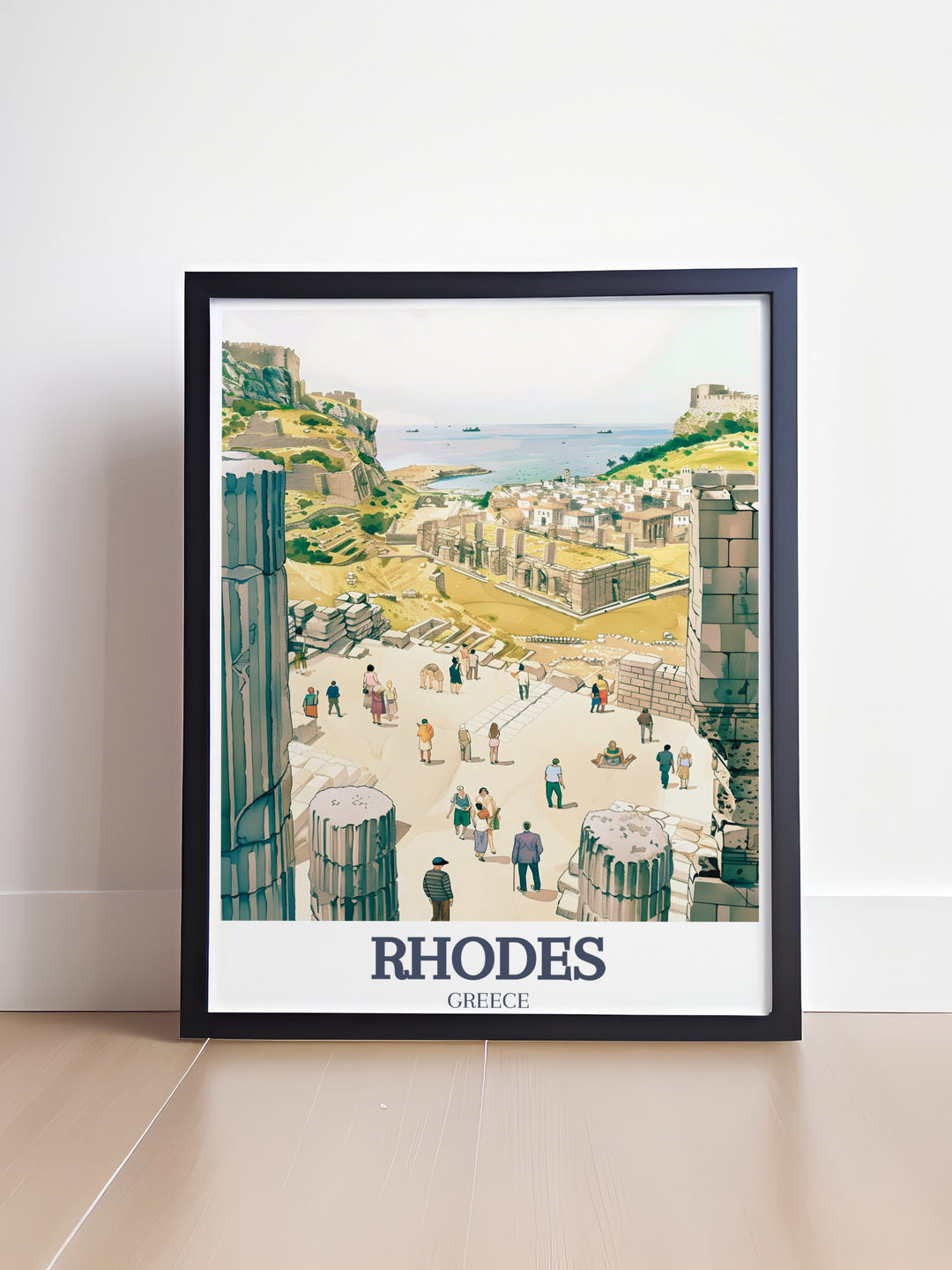 Acropolis of Lindos Travel Print highlighting the majestic view of the ancient ruins. This Greece poster brings the ancient world of Rhodes into your home, a perfect piece for those who admire classical history.