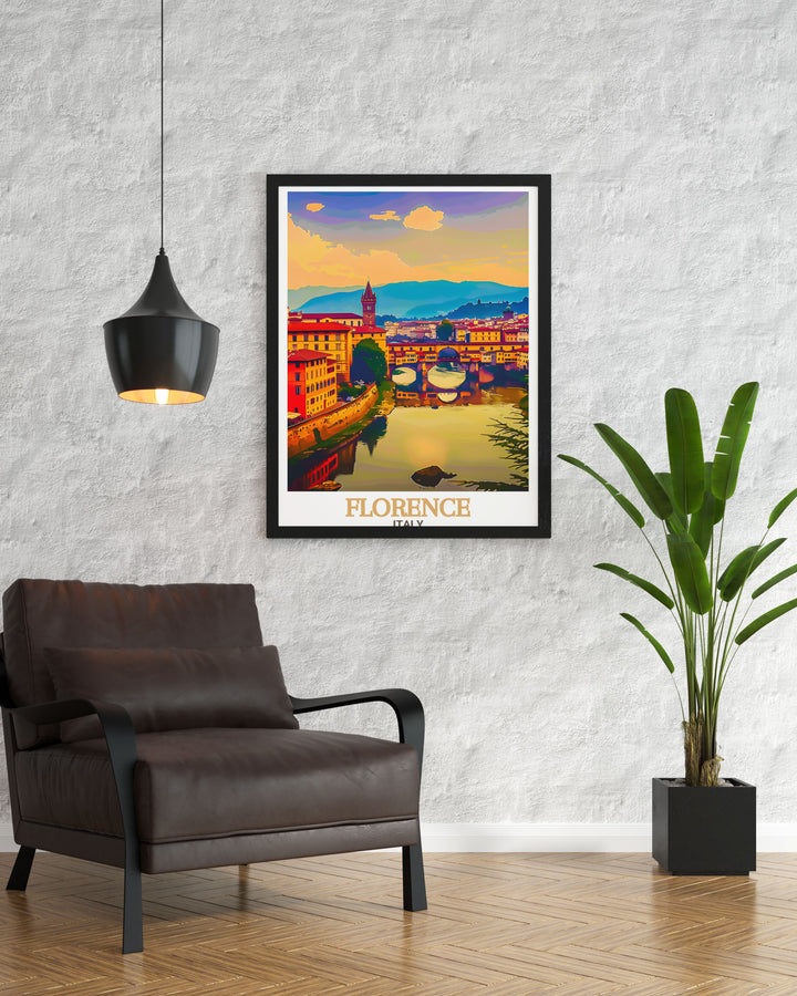 Stunning Ponte Vecchio artwork from Florence Italy offers a captivating piece of home decor. This Italy print brings the elegance of Florence into your space making it a perfect wall art choice for anyone who loves travel and Italian architecture