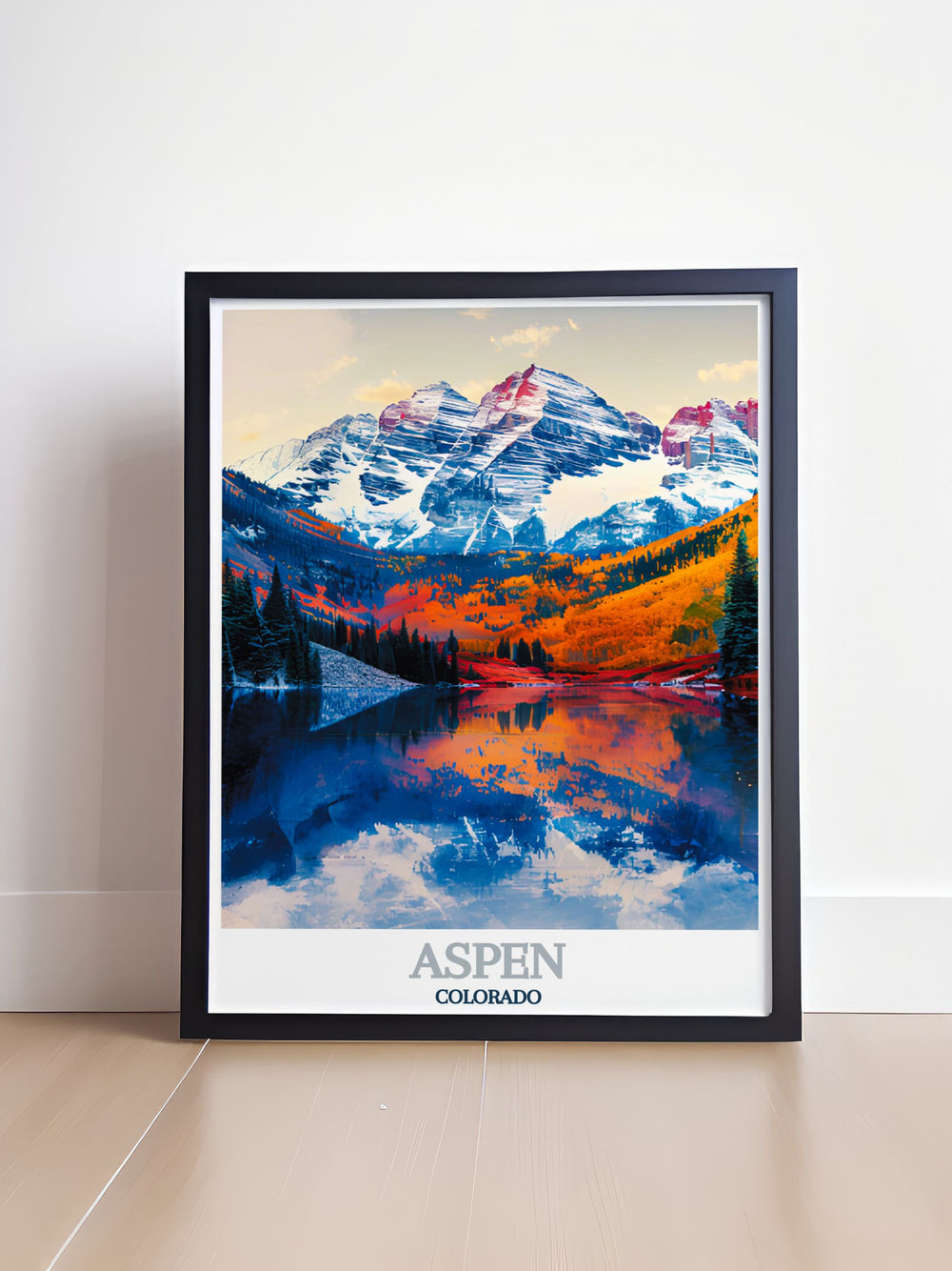 Bring the majestic Maroon Bells into your home with this detailed travel poster, featuring the peaks distinctive red hue against a backdrop of verdant greenery and clear blue skies.