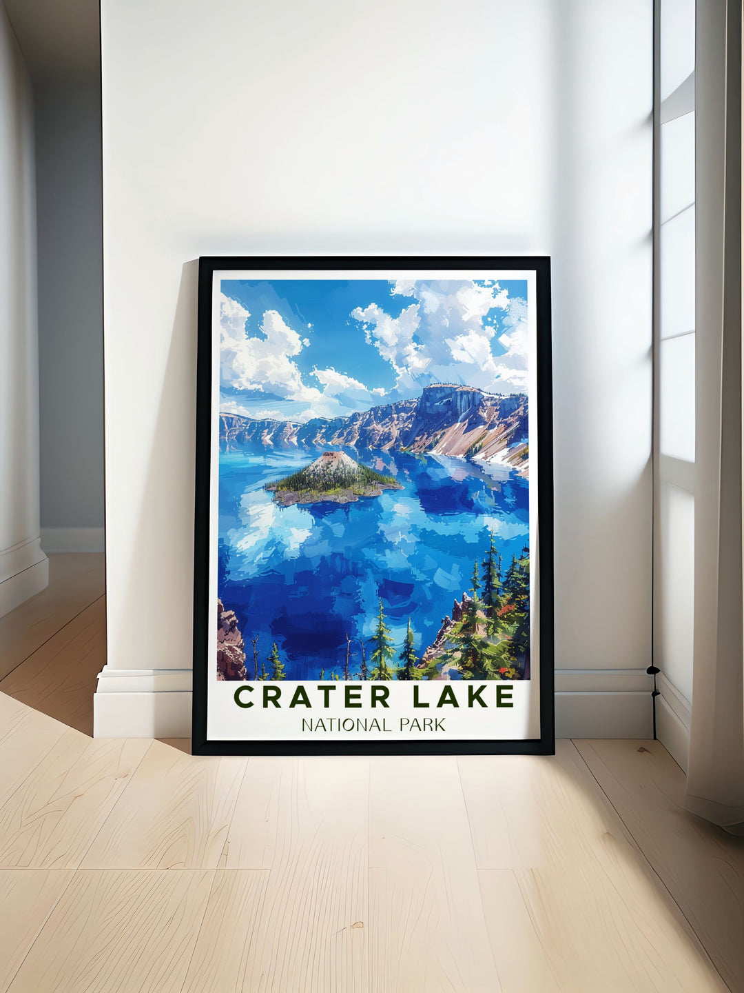 Beautiful Crater Lake art showcasing the stunning caldera and deep blue waters perfect for enhancing home decor with a touch of nature. High quality National Park prints that capture the essence of Crater Lake bringing its natural beauty into any living space.
