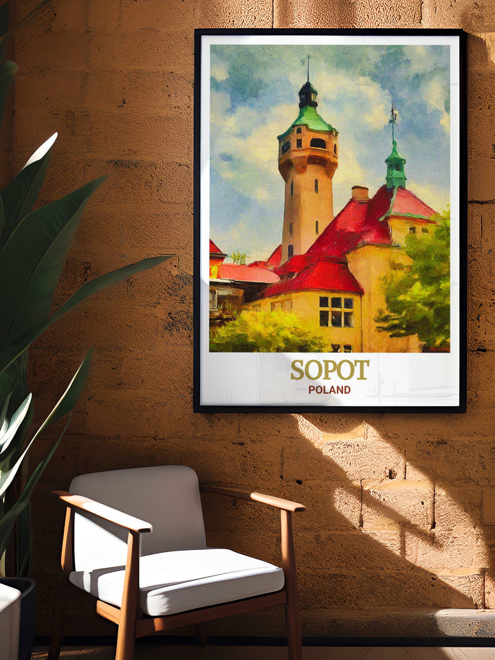 Detailed art print of Sopot Lighthouse in Poland, showcasing its historical significance and unique architecture, perfect for adding a touch of maritime charm to any home decor. The artwork beautifully captures the lighthouse against the serene backdrop of the Baltic Sea, making it an ideal choice for those who appreciate coastal landscapes and Polish history.