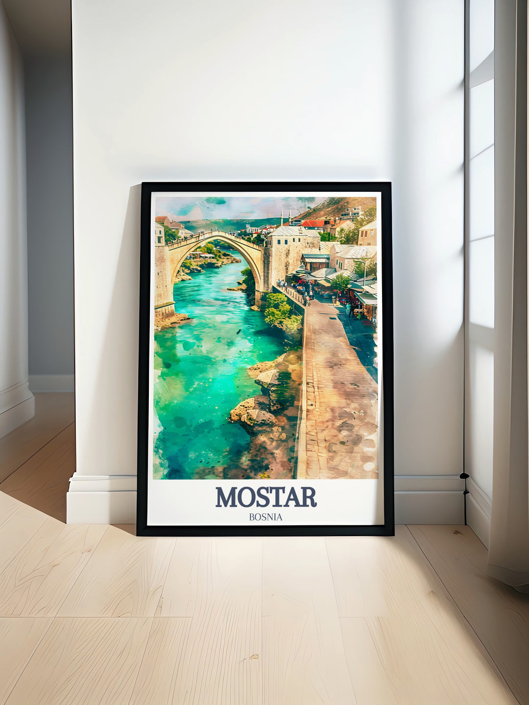 Stari Most Old Town Bazaar print showcasing the historic Old Bridge and vibrant bazaar in Mostar Southern Bosnia art perfect for home decor