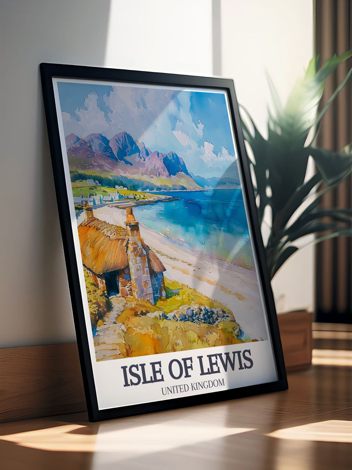 Vintage poster of Gearrannan Blackhouse Village, celebrating its traditional architecture and cultural importance, adding a sense of historical Scotlands allure to your interior design.