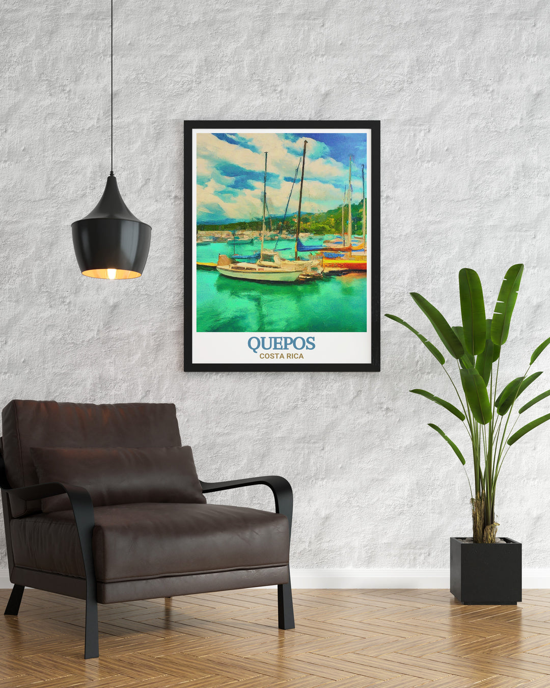 Marina Pez Vela, a popular destination for boating and fishing in Quepos, Costa Rica, is highlighted in this print. The artwork captures the marinas picturesque views and the surrounding coastal beauty, making it an ideal addition to any ocean themed decor.