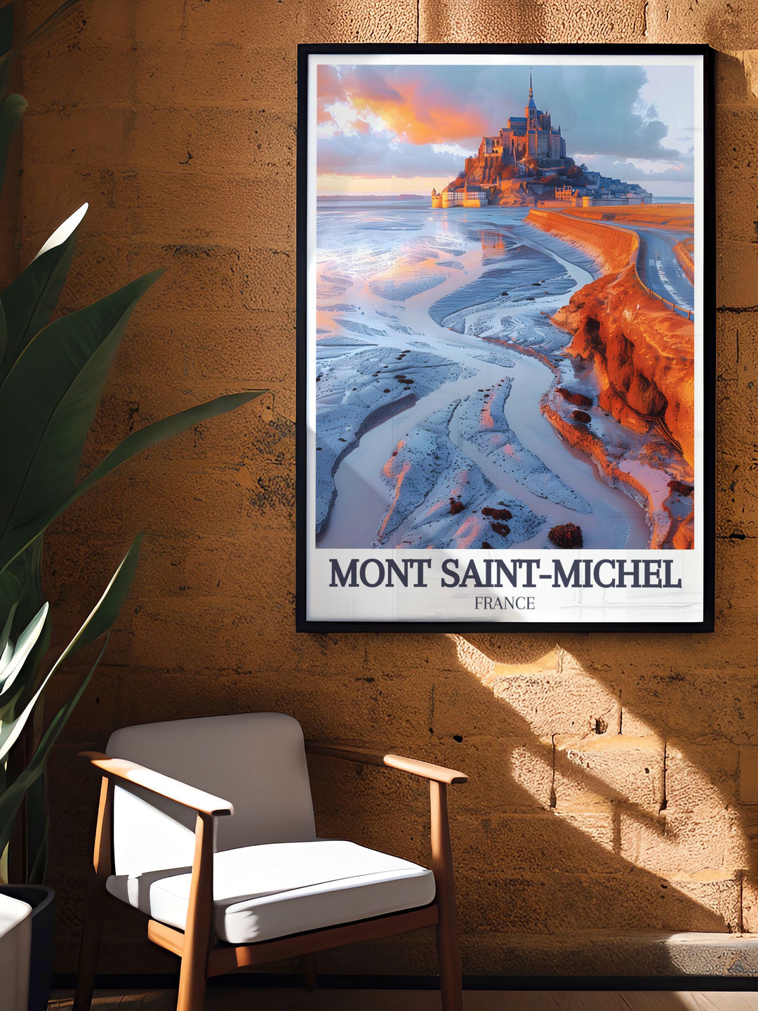 Beautiful France poster of Mont Saint Michel and the Normandy coastline The Causeway offering stunning visuals and intricate details for a perfect addition to your home decor.