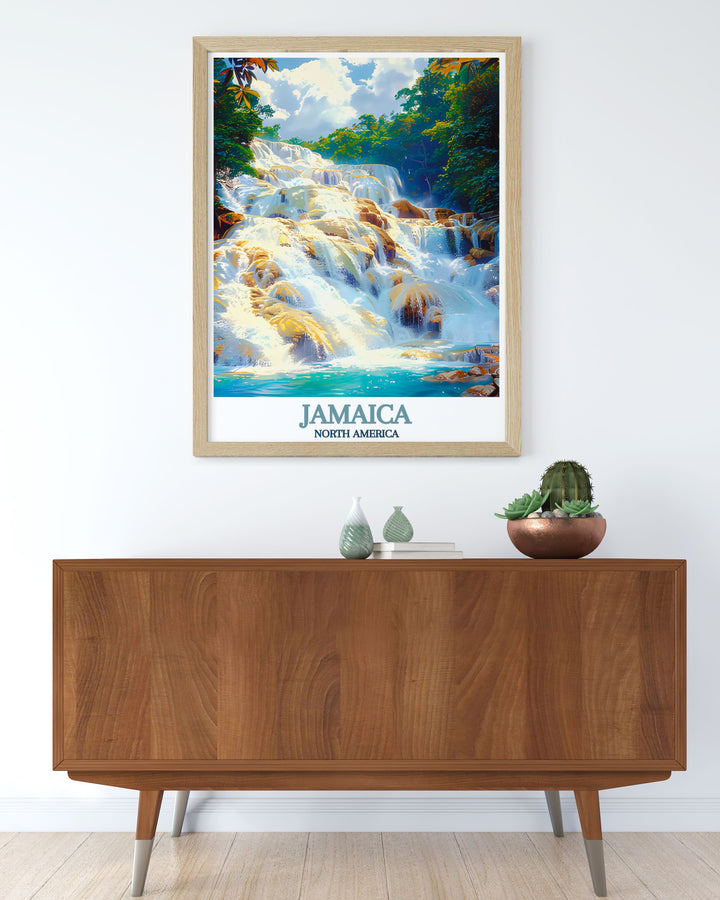 This poster showcases the scenic beauty of Dunns River Falls in Jamaica, offering a glimpse into the islands lush landscapes and cascading waterfalls.