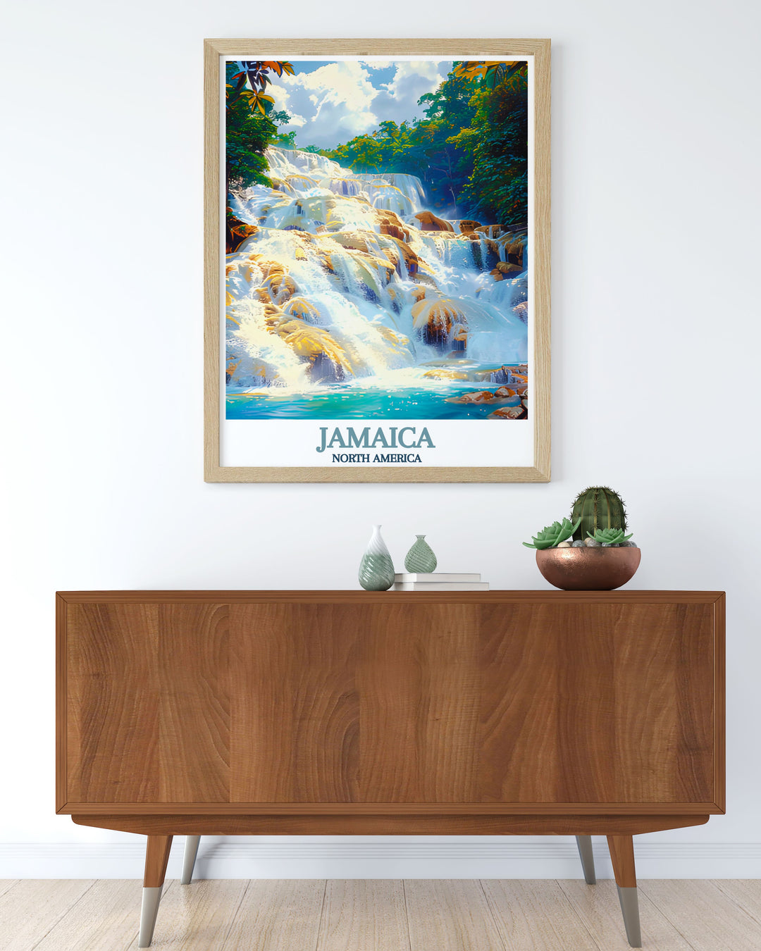 Celebrate the beauty of Jamaica with this stunning travel print of Dunns River Falls. Perfect for decorating your home or office, this poster captures the essence of the islands natural beauty and makes a memorable gift for travelers and island lovers.