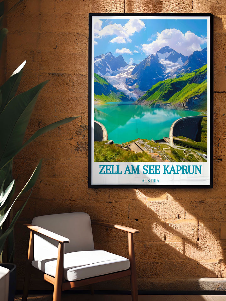 Personalized custom print of Kapruns High Mountain Reservoirs. This detailed illustration captures the serene beauty of the reservoirs surrounded by towering peaks, offering a unique piece of art that reflects the majesty of the Austrian Alps, perfect for any decor.