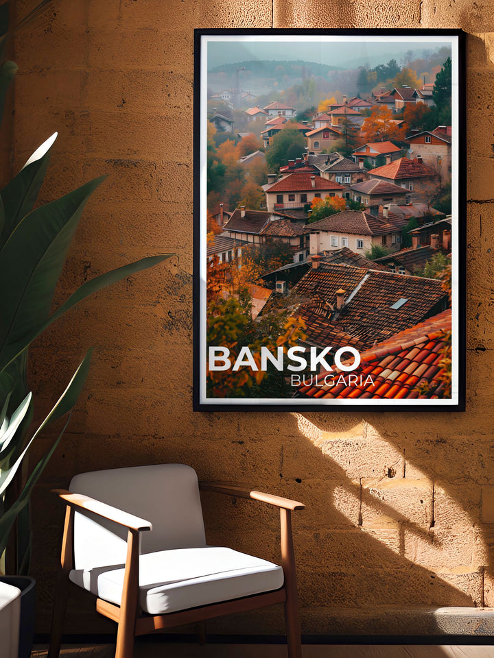 This detailed art print of Bansko Ski Resort highlights its world class slopes and facilities, set against the stunning backdrop of the Pirin Mountains, ideal for winter sports lovers.