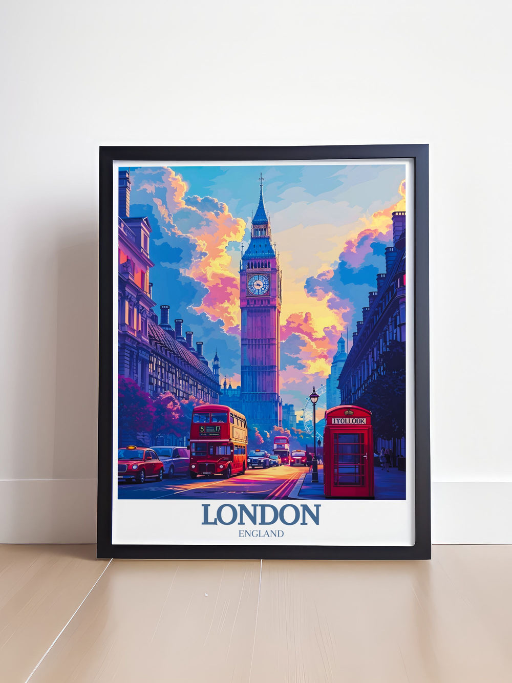 Framed print of Big Ben and London Eye highlighting the grandeur and architectural beauty of these iconic London landmarks. Ideal for enhancing your home decor with its stylish and sophisticated portrayal of Londons architectural marvels.