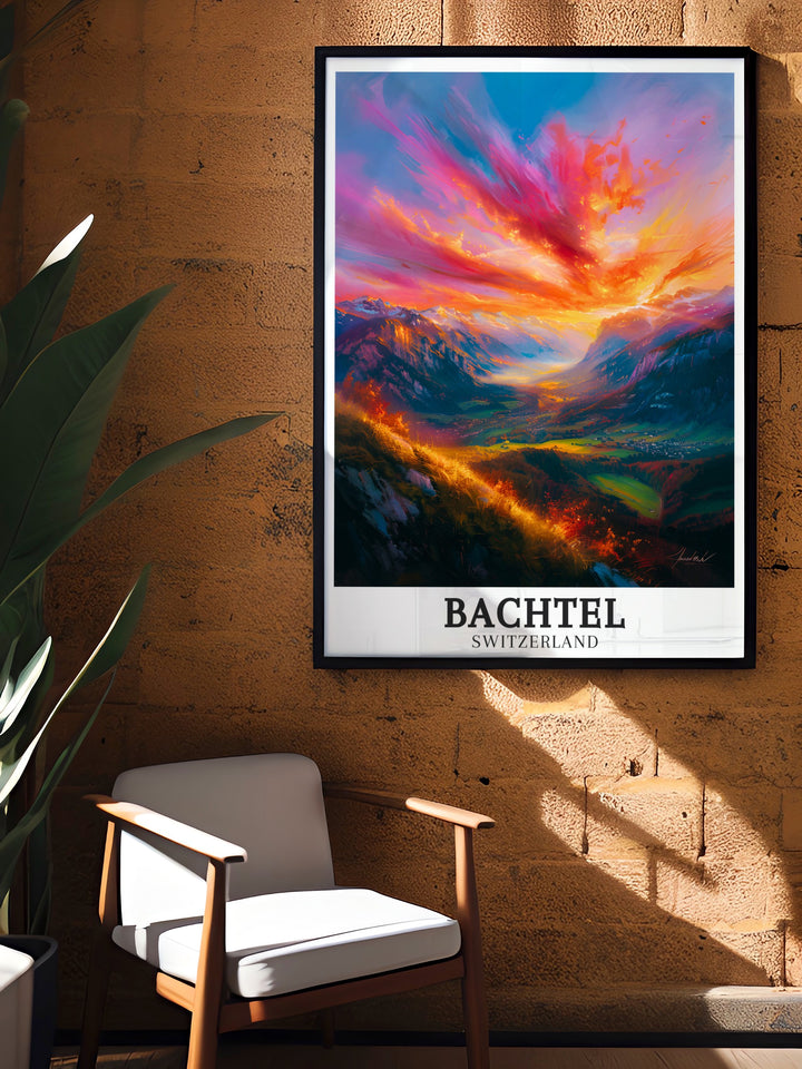 Elegant art print of Bachtel and The Bachtel Range, capturing the essence of Swiss natural beauty and cultural heritage. This poster brings the tranquility and stunning views of the Swiss Alps into your home. High quality materials ensure lasting vibrancy and beauty.