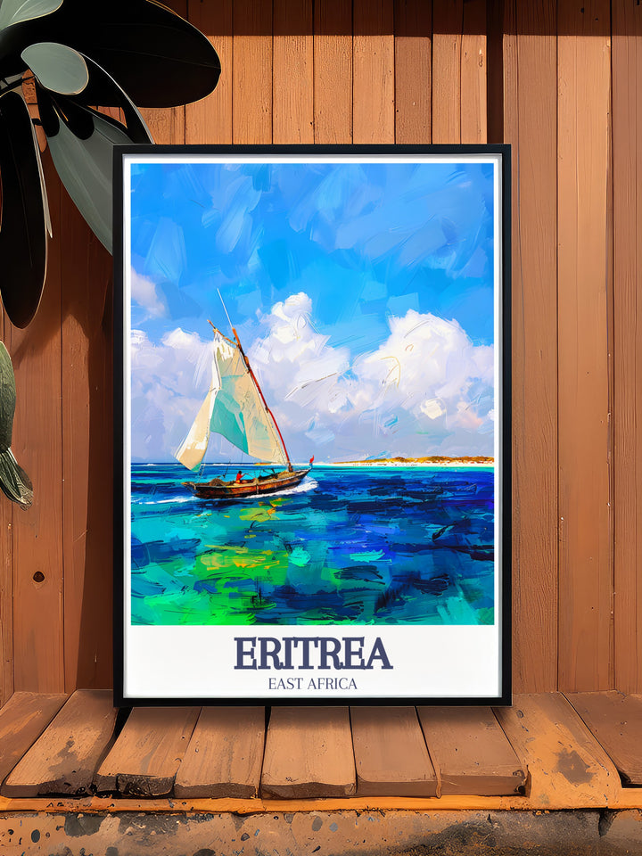 Red Sea Travel Poster highlights the beautiful, unspoiled beaches of Dahlak Island in Eritrea. A perfect decor piece for anyone who enjoys marine landscapes and exotic travel.