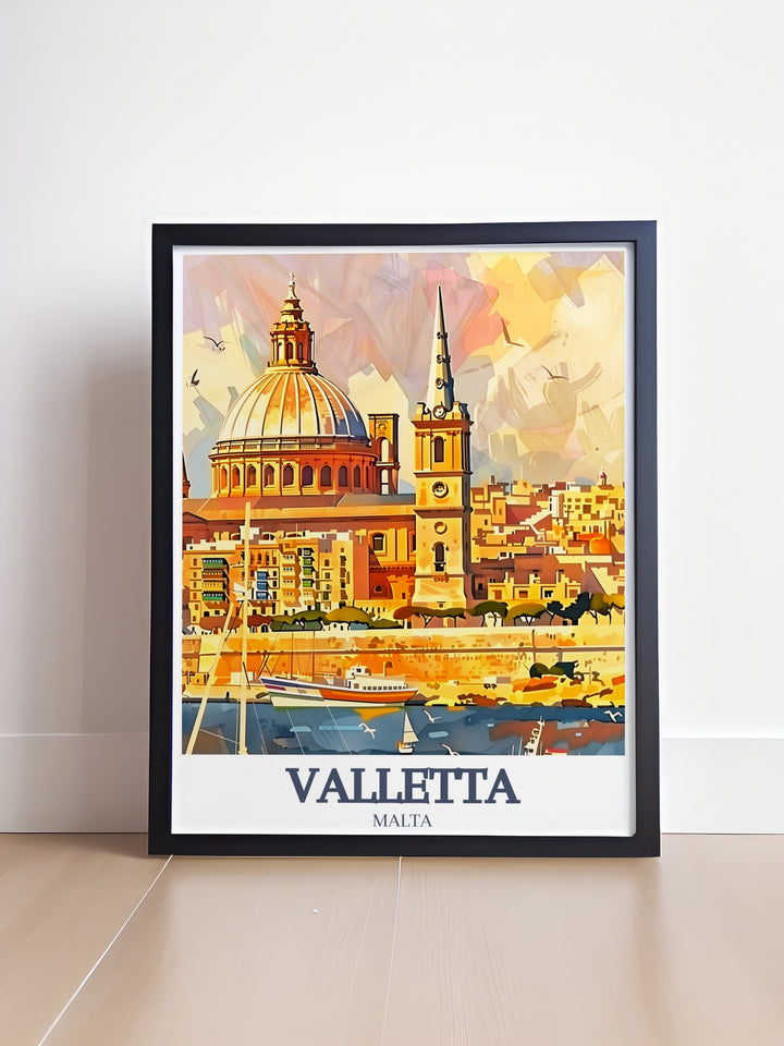 Featuring the iconic landmarks of Valletta, this Malta artwork showcases the stunning St. Johns Co Cathedral and the scenic Grand Harbour. A perfect addition to any wall, this print captures the essence of Maltas vibrant history.