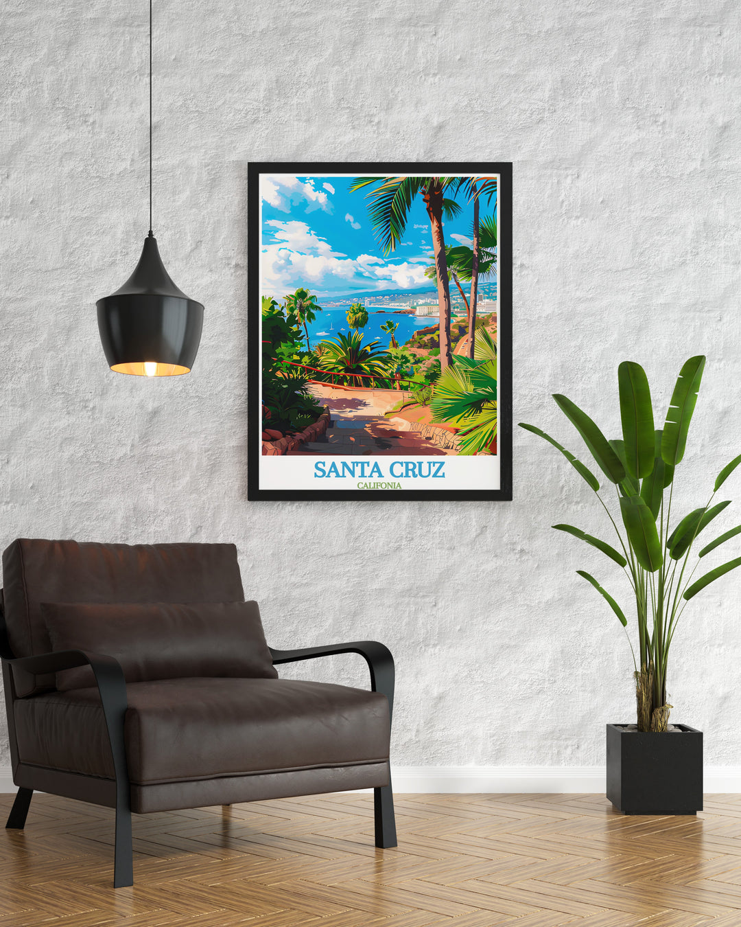 Stunning California artwork featuring Santa Cruz paired with Palmetum de Santa Cruz modern prints creates a perfect focal point for any room. This elegant wall art captures the charm of California travel making it an ideal gift for those who love unique art.