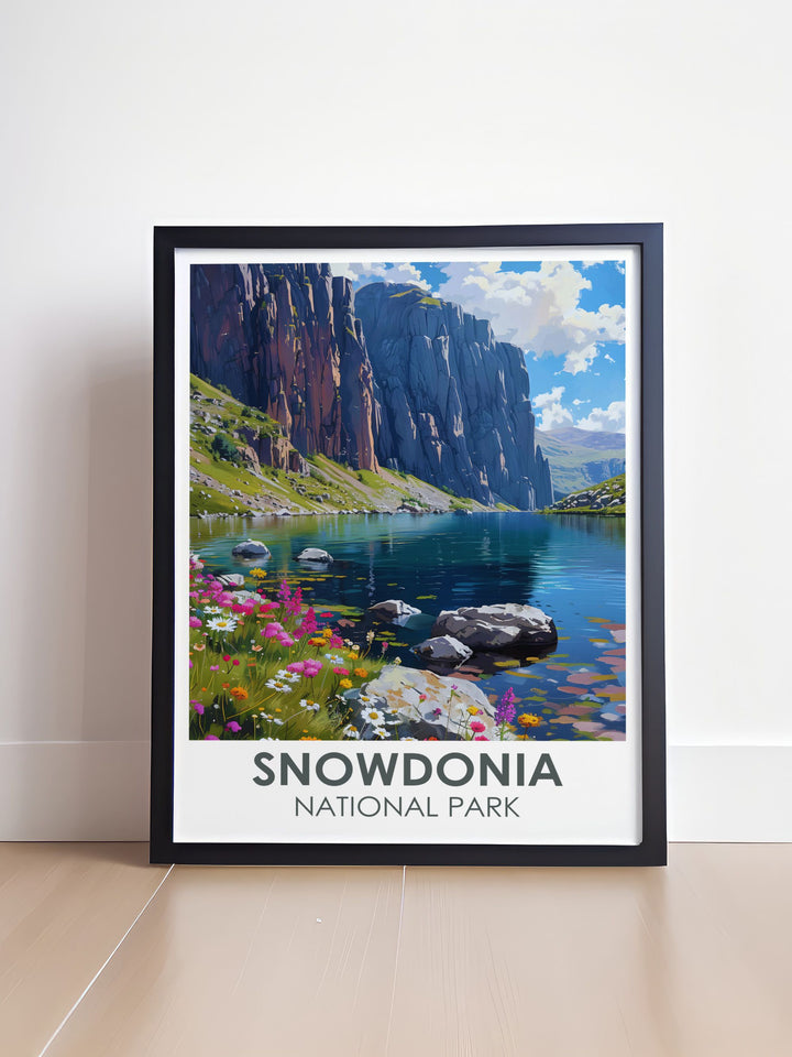 Snowdonia gift poster featuring the rugged landscapes of Cwm Idwal a perfect piece of nature landscape art for home decor and a thoughtful gift for those who appreciate the beauty of National Parks