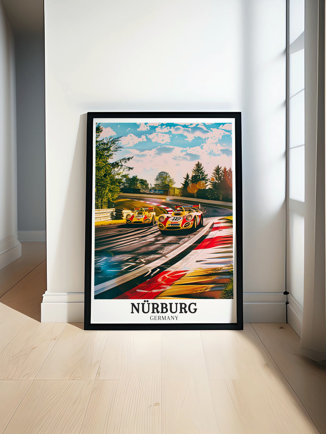 The curves of the Nürburgring, Nürburgs famous race track, are captured in stunning detail in this Formula 1 travel print. Combining the beauty of the German countryside with the thrill of racing, this poster is a unique addition to any collection.