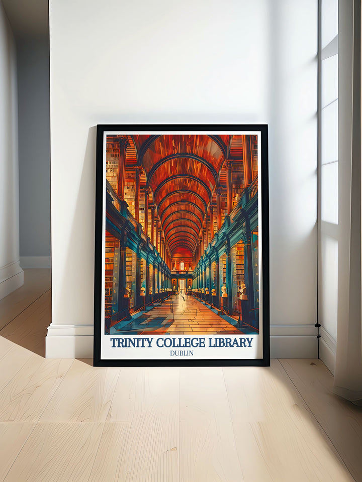 Trinity College Dublin print featuring the iconic Old Room Long Room and Trinity Library ideal for enhancing your living room decor with stunning Irish wall art showcasing Dublin Universitys architectural beauty