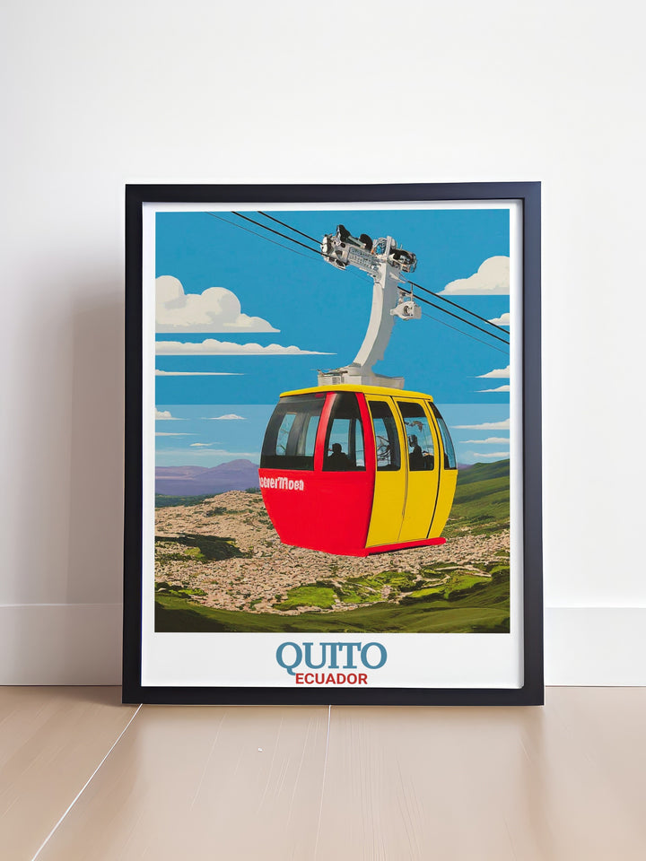 TelefériQo Wall Art capturing the essence of Ecuadors natural and urban beauty. This canvas print shows the famous cable car ride that ascends Pichincha Volcano, offering stunning views of Quito and the Andes. A perfect addition for travel lovers.